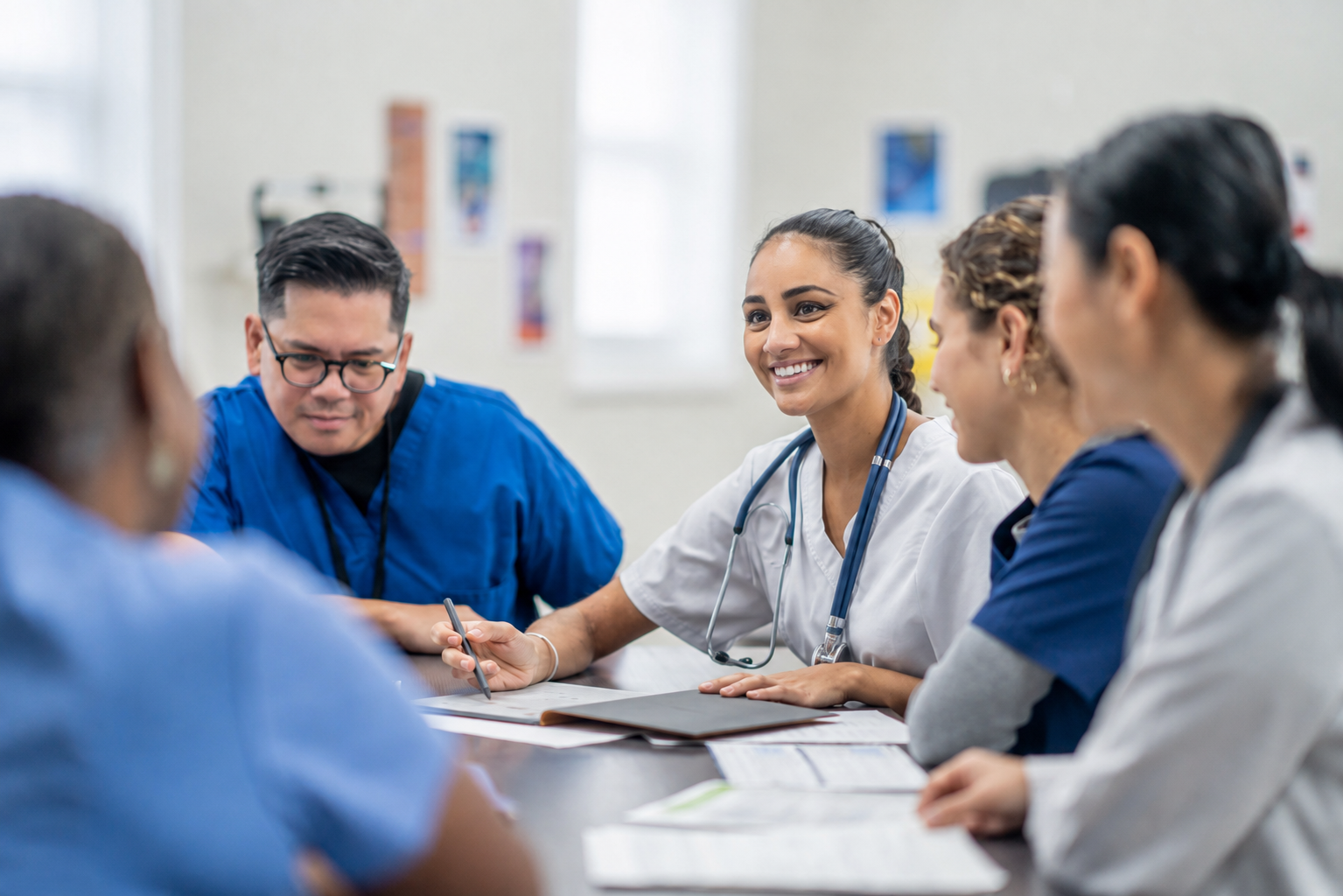 Healthcare team collaborating at a table